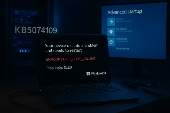A Windows 11 laptop displays a blue error screen: UNMOUNTABLE_BOOT_VOLUME during advanced startup.