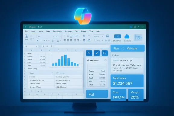 A monitor displays a blue data dashboard with a spreadsheet, charts, and a glowing ribbon logo above.