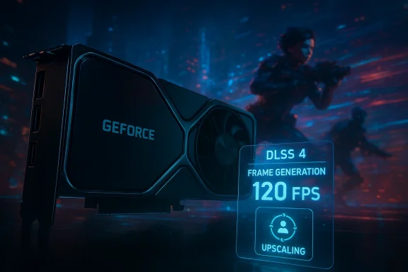 GeForce GPU with DLSS 4 and 120 FPS upscaling, set against a neon cyberpunk backdrop.
