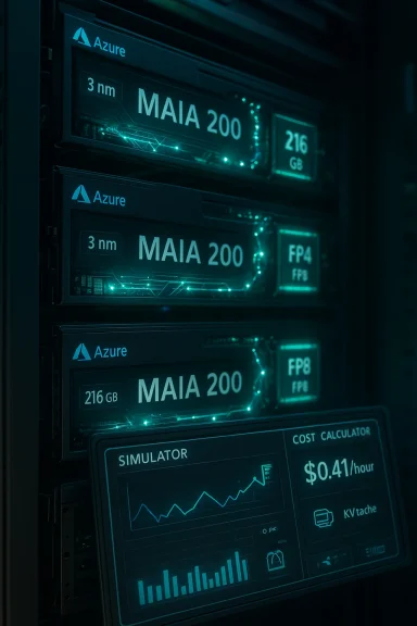 Azure MAIA 200 storage modules glow in a teal-lit server rack. Azure MAIA 200 storage modules glow in a teal-lit server rack.