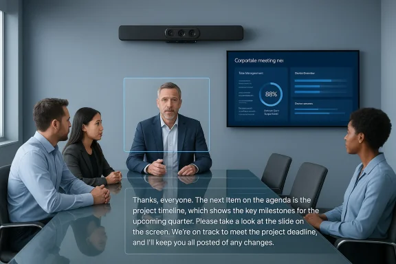 Team in a modern boardroom watches a speaker with a digital avatar and a data dashboard.