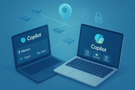 Two laptops display Copilot interfaces in a blue, interconnected-network scene.