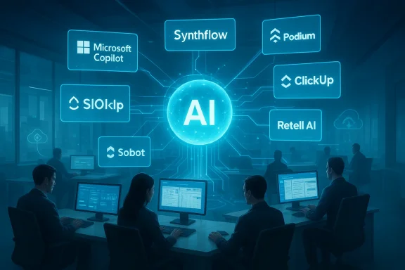 Analysts in a high-tech office connected to a central AI hub linking multiple AI tools.