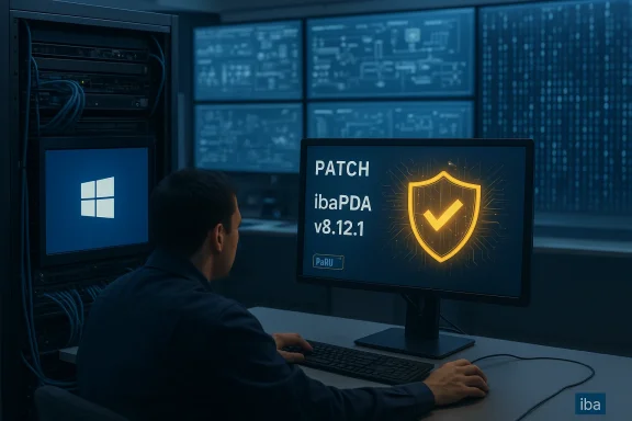 Tech in a data center updates ibaPDA patch v8.12.1, shown with a glowing shield and checkmark.