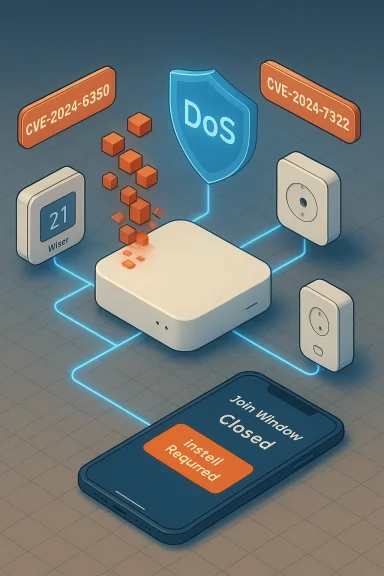 Smart home network under a DoS attack, featuring CVE references and an 'Install Required' prompt.