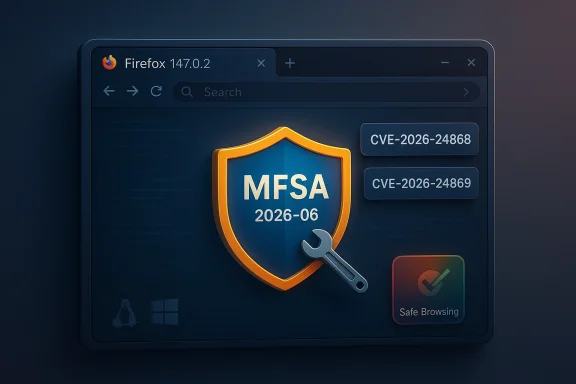Firefox window shows MFSA 2026-06 shield with a wrench and CVE alerts.