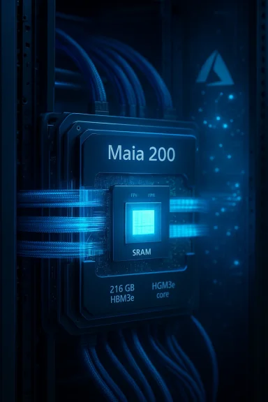Blue-lit data center rack featuring Maia 200 SRAM module with HBM3e core. Blue-lit data center rack featuring Maia 200 SRAM module with HBM3e core.