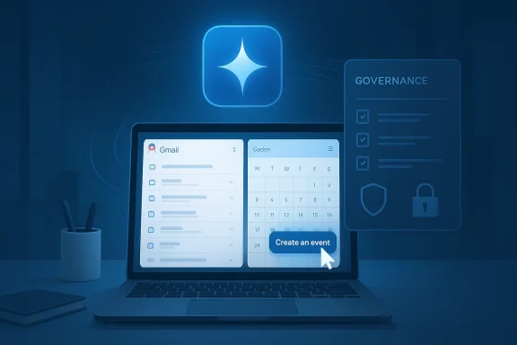 Laptop screen shows Gmail inbox and calendar with a “Create an event” button, highlighting governance and security.