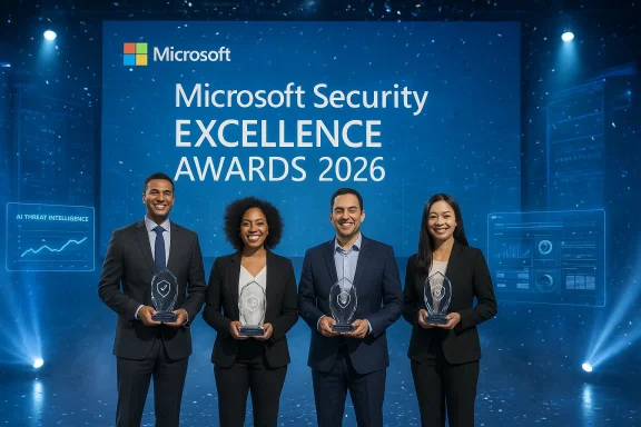 Four award winners pose on stage with glass trophies at the Microsoft Security Excellence Awards 2026.