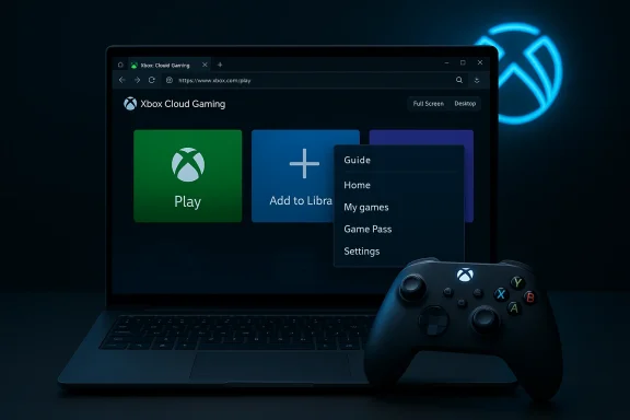 Laptop screen shows Xbox Cloud Gaming UI with an Xbox controller in the foreground.
