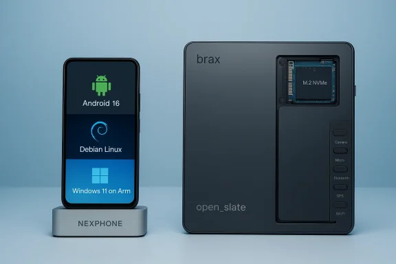 Futuristic phone on a dock beside a modular open_slate PC with M.2 NVMe.