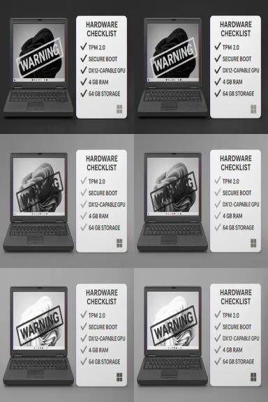 Grid of laptops with a diagonal WARNING stamp next to hardware checklist cards.