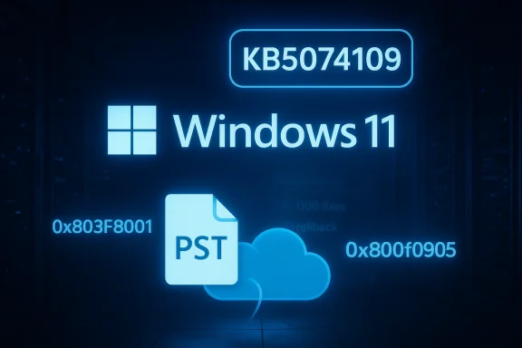Windows 11 branding with a PST file icon and cloud in a dark server-room setting.