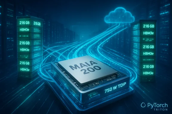 The MAIA 200 AI chip sits between dual 216 GB HBM3e stacks in a neon data center.