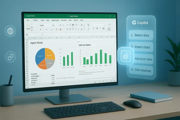 Sleek desk setup with a monitor displaying Excel charts and a blue Copilot guide panel.