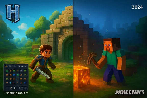Split-screen Minecraft: daylight modded knight on the left, Steve by lava at night on the right.