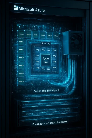 Microsoft Azure server rack featuring a 3nm SoC and sea on-chip SRAM pool in blue glow. Microsoft Azure server rack featuring a 3nm SoC and sea on-chip SRAM pool in blue glow.