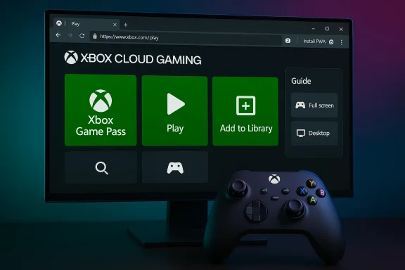 Xbox Cloud Gaming dashboard on a monitor with an Xbox controller.