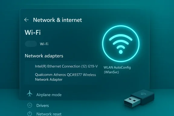 Neon teal Network & Internet settings panel showing Wi‑Fi toggle and listed network adapters with a USB dongle.