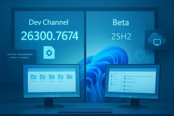 Dual monitors on a desk display Dev Channel and Beta build numbers with icons.
