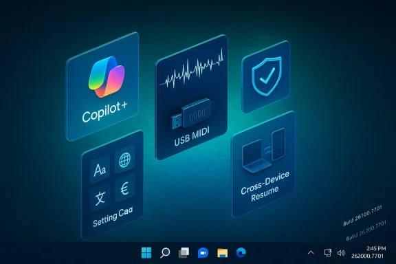 Futuristic app dashboard showcasing Copilot+, USB MIDI, cross-device resume and security icons.