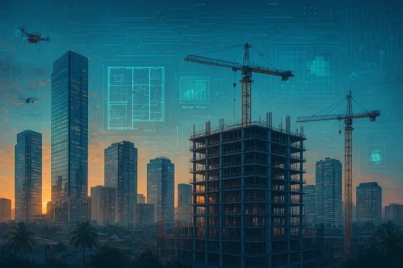 Futuristic cityscape with cranes and drones, overlaid by blue holographic schematics at sunset.