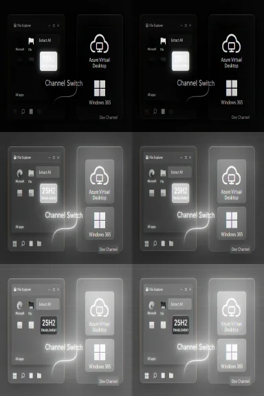 Repeating dark UI panels showing Azure Virtual Desktop and Windows 365 with Channel Switch. Repeating dark UI panels showing Azure Virtual Desktop and Windows 365 with Channel Switch.