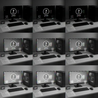 A desktop workstation on a desk showing 7 DAYS uptime on the monitor, with keyboard, mouse, and PC tower.