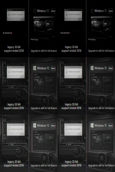 A tiled collage of Windows 10 upgrade prompts and legacy 32-bit notices beside Radeon hardware.