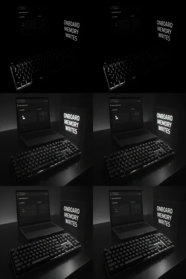 Dark desk setup with a glowing keyboard and laptop, shown in a 3x3 grid with “ONBOARD MEMORY WRITES.”
