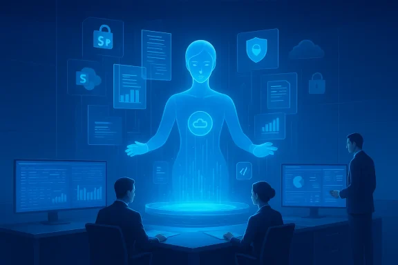 A holographic cloud AI figure rises from a pedestal as a team monitors data on screens.