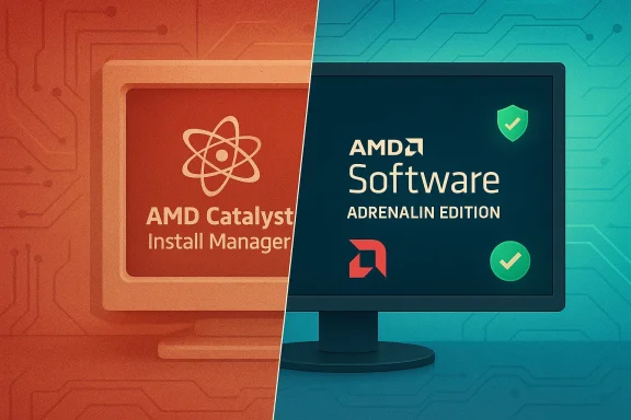 Split-screen of AMD Catalyst Install Manager on the left and AMD Software Adrenalin Edition on the right.