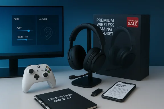Premium wireless gaming headset on display beside a monitor and controller near a clearance-sale box.