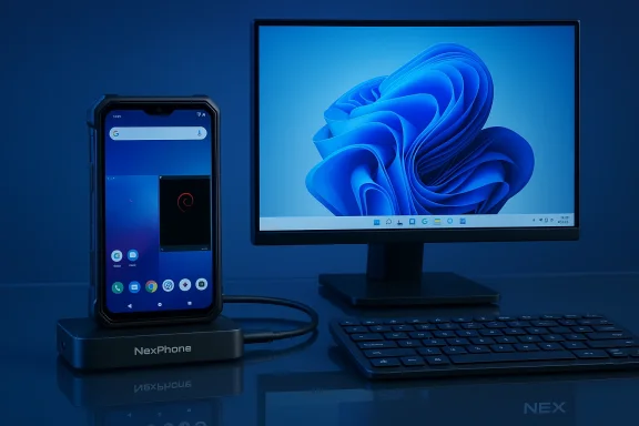 A rugged NexPhone sits on its charging dock beside a blue-lit monitor and keyboard.
