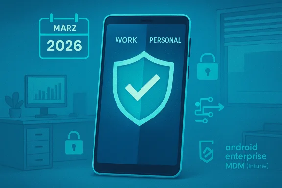 Smartphone with shield and checkmark, illustrating work/personal data separation and Android MDM.