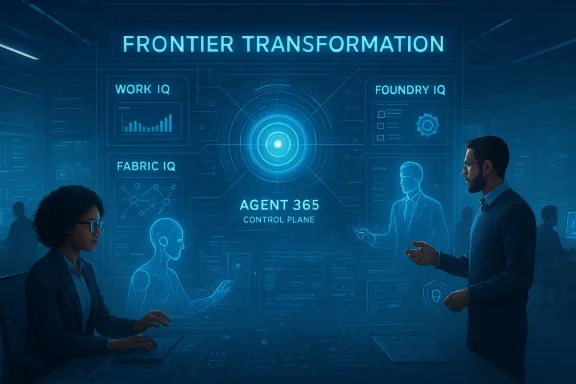 A futuristic control room with glowing holographic dashboards and an Agent 365 display.