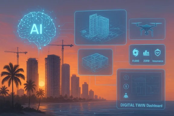 Sunset skyline with construction cranes and AI-powered digital twin dashboards overlay.