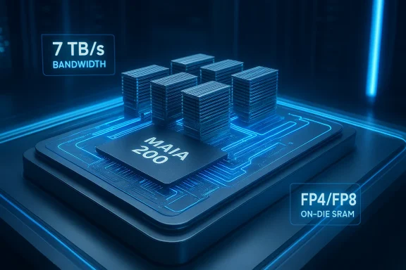 Futuristic MAIA 200 chip with stacked memory blocks and 7 TB/s bandwidth.