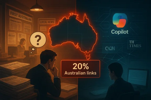 Analysts debate 20% Australian links as neon Australia map glows between newsroom and Copilot tech wall.
