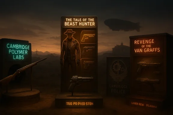 A neon-lit weapons display at dusk, with signs for Beast Hunter and Cambridge Polymer Labs.