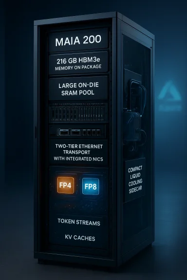 A futuristic server rack labeled with specs and glowing FP4/FP8 chips. A futuristic server rack labeled with specs and glowing FP4/FP8 chips.