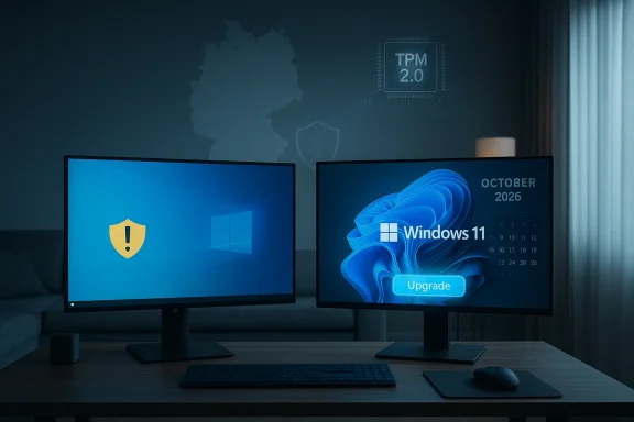 Blue-lit desk with two monitors: Windows 11 upgrade on the right, shield icon on the left.