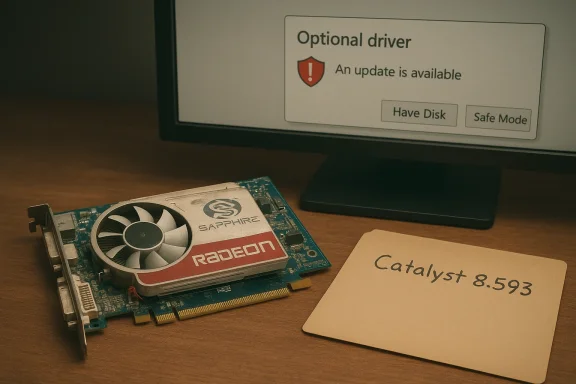 Sapphire Radeon graphics card on a desk beside a monitor showing a driver update and Catalyst 8.593. Sapphire Radeon graphics card on a desk beside a monitor showing a driver update and Catalyst 8.593.