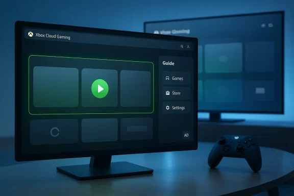 Xbox Cloud Gaming dashboard on a monitor, showing game tiles and a green Play button.