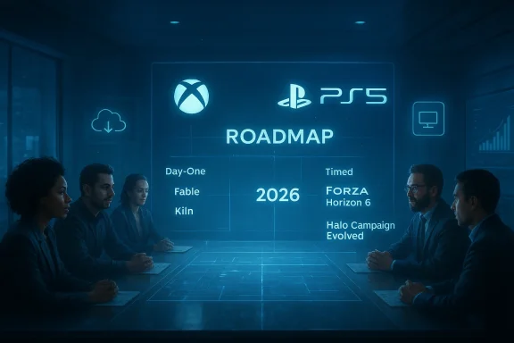 Diverse professionals sit around a table as a blue holographic PS5 roadmap outlines 2026 games.