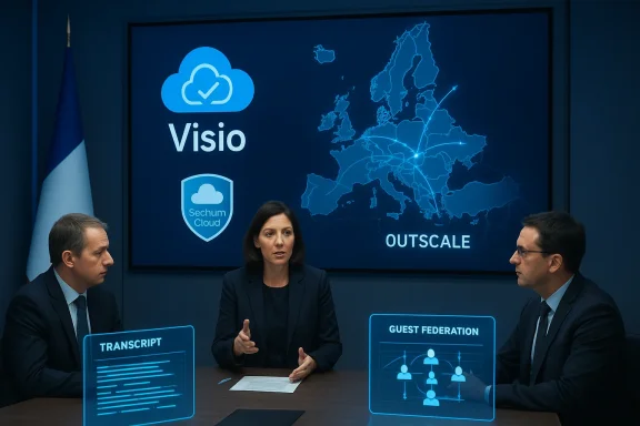 Executives discuss cloud security as holographic screens show Visio and a Europe network map.
