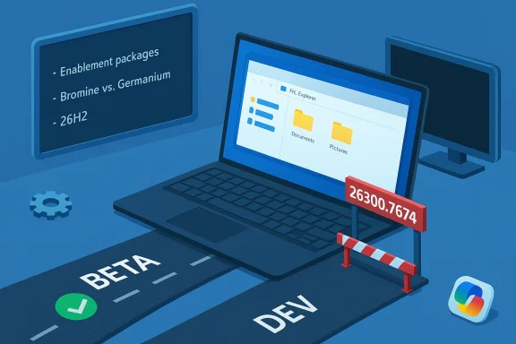 Blue isometric scene of a laptop with folders, beta and dev lanes, and a gated checkpoint. Blue isometric scene of a laptop with folders, beta and dev lanes, and a gated checkpoint.