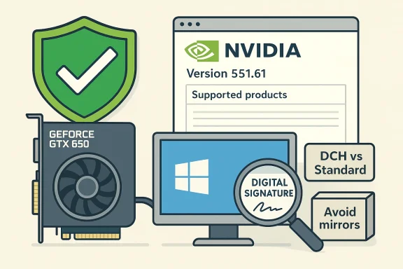 NVIDIA GeForce GTX 650 GPU beside a shield icon, showing driver version 551.61 and digital-signature security notes.