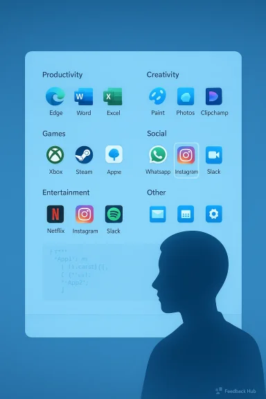 A blue silhouette stands before a large rounded app dashboard filled with categorized icons.