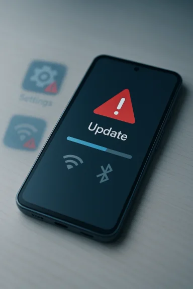Smartphone update screen showing a red warning triangle and a progress bar.